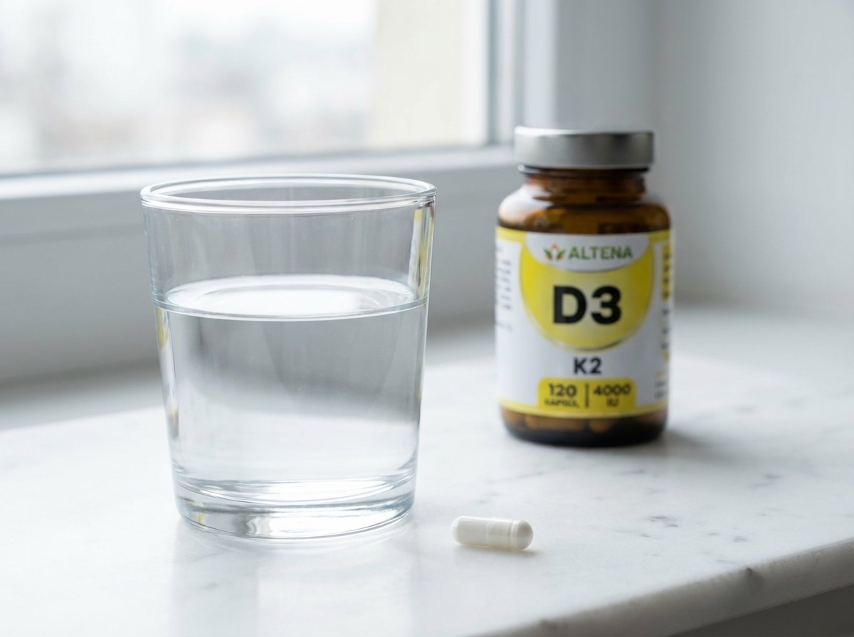 ALTENA Vitamín D3 + K2 – dávkovanie, pohár vody, 1 kapsula denne